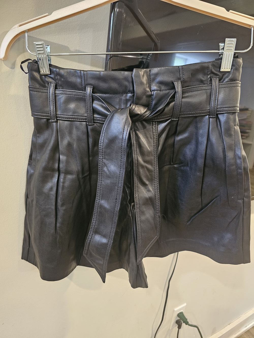 Zara Black High-Waist Faux Leather Tie-Belt Shorts